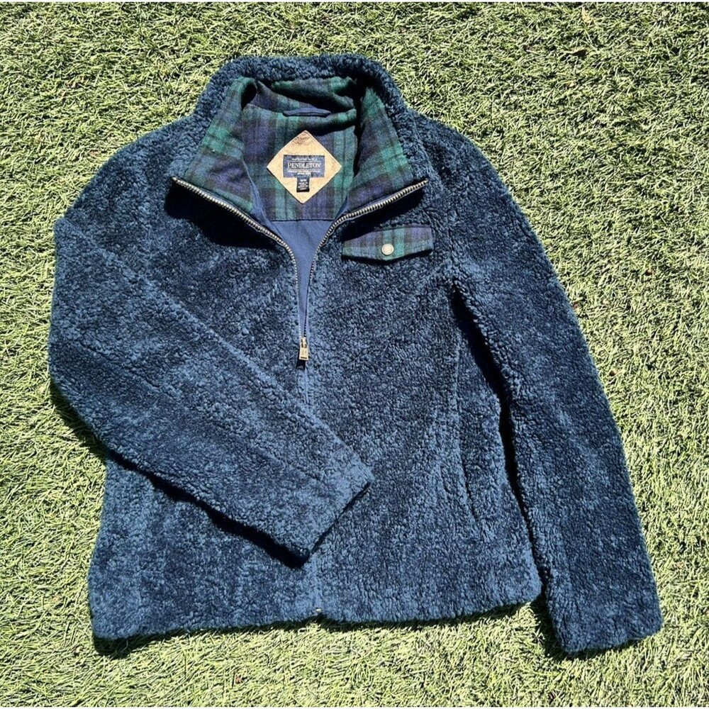 Pendleton Sherpa Teddy Jacket Women Medium Blue Tartan Plaid Fleece Full Zip
